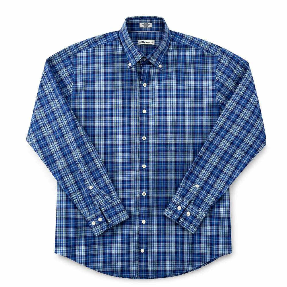 Peter Millar Plaid Button Down Shirt Blue Cotton Tencel Size M